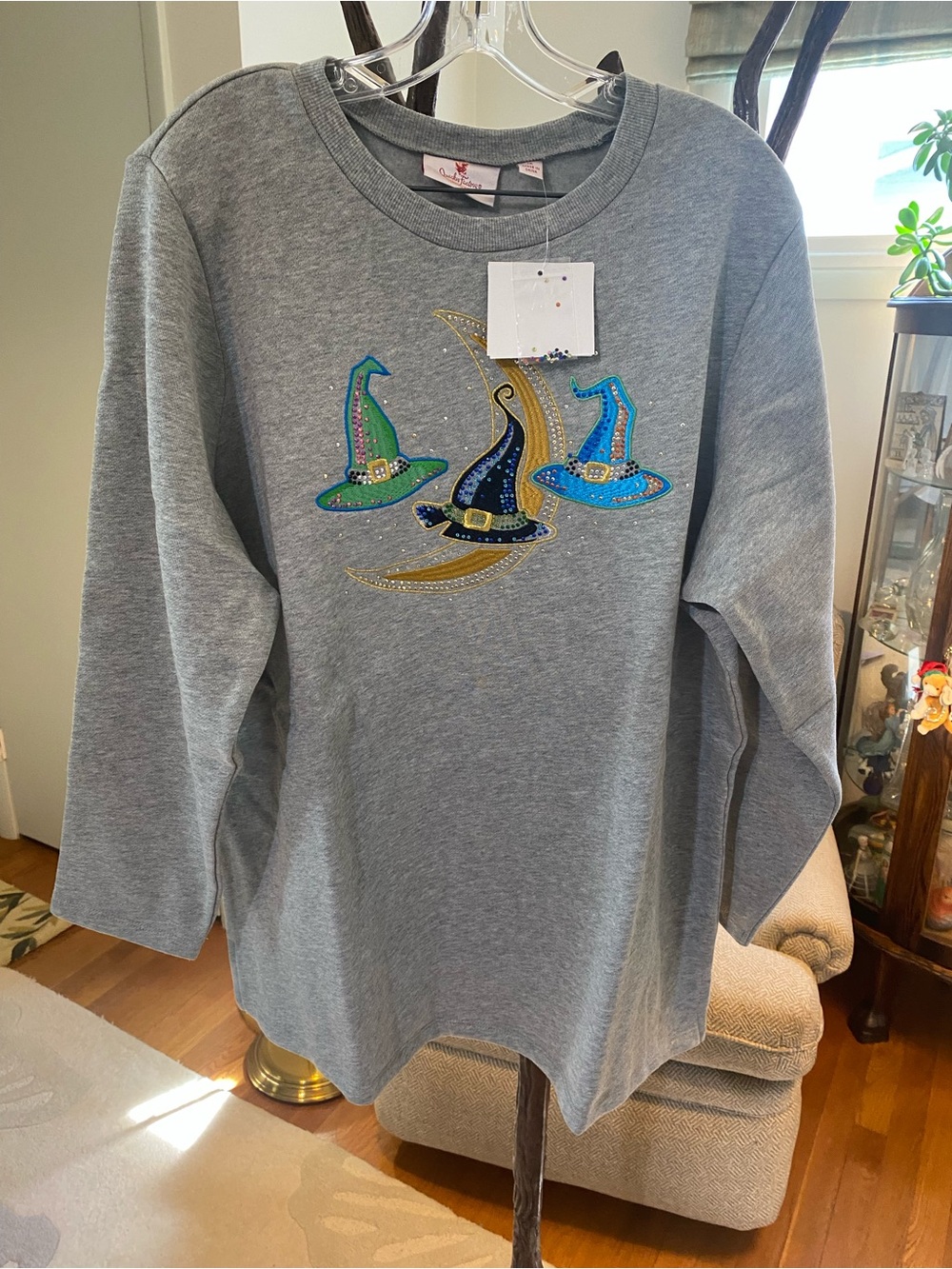 Quacker Factory Women’s Grey Long-Sleeve Top with Embroidered Witch Hats 1X